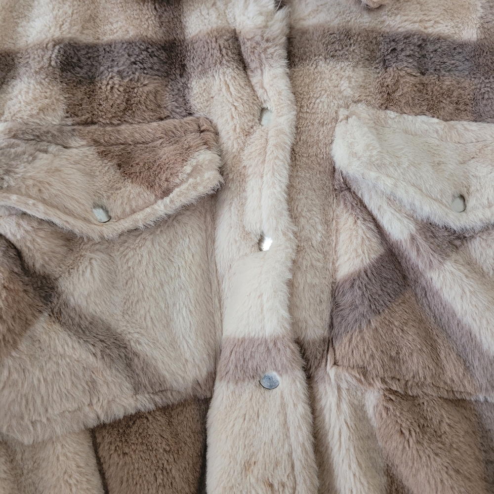 Cream and Brown Plaid Faux-Fur Cropped Jacket - Picture 3 of 5